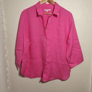 Chico's No Iron 100% Linen Button Down Blouse sz 3/16 Pink Office Coastal Beach